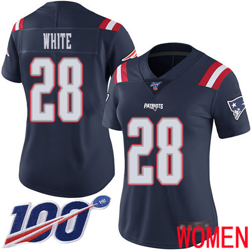 New England Patriots Football #28 100th Season Rush Limited Navy Blue Women James White NFL Jersey->women nfl jersey->Women Jersey